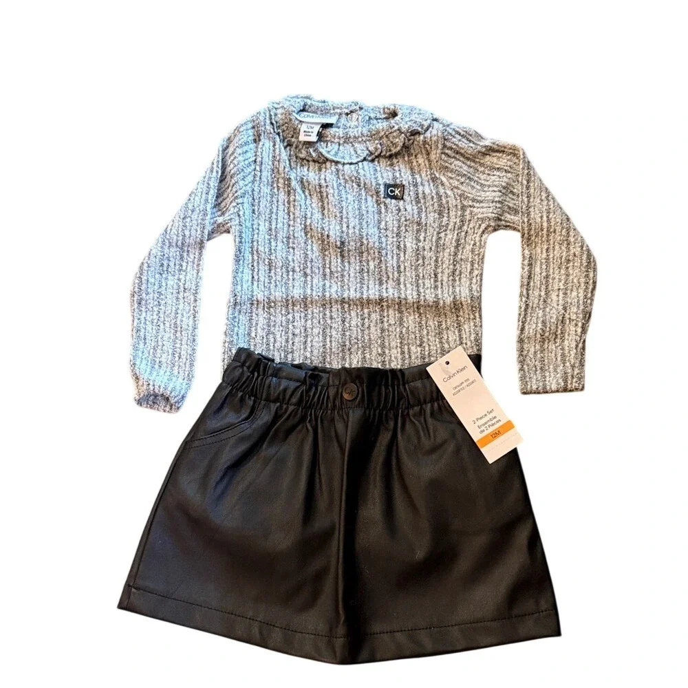 Calvin Klein‎ Gray Ribbed Ruffle Top Black and Faux Leather Skirt Set Girls 12M